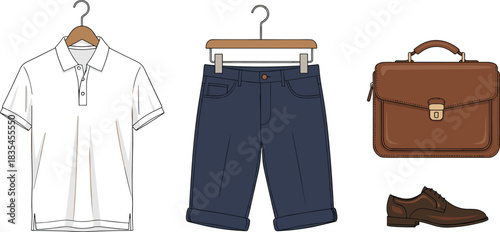 Men’s casual outfit with polo shirt, shorts, leather briefcase, and dress shoe, ideal for summer fashion and lifestyle themes.