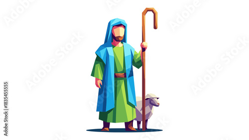 Colorful geometric shepherd with sheep in low poly style design