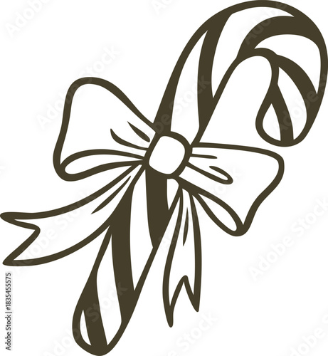 Striped lollipop cane with a bow, outline, monochrome doodle style.