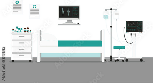 Flat design vector illustration of a modern hospital patient room or intensive care unit (ICU) with bed EKG monitor ventilator and necessary medical equipment