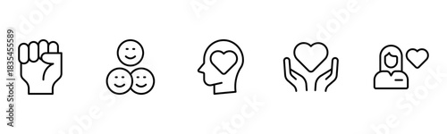 Heart, love, care, help, charity, and donation outline icons are set isolated on a white background in a flat vector illustration.