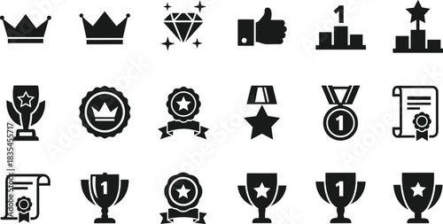 Award icons set with crowns, trophies, medals, certificates, podiums, badges, and achievement symbols for recognition and success illustrations.