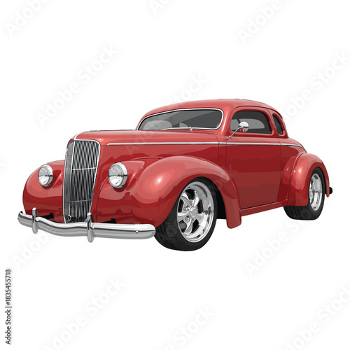 Vintage red hot rod car with chrome accents on a white background