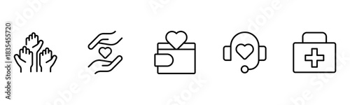 Heart, love, care, help, charity, and donation outline icons are set isolated on a white background in a flat vector illustration.