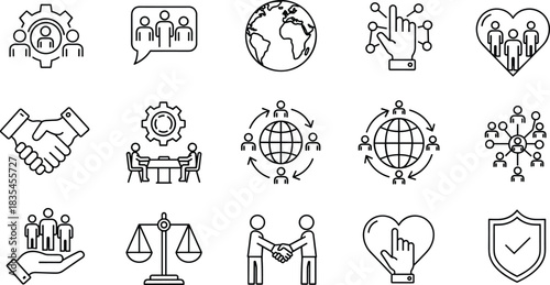 Business teamwork and global communication icons set for corporate collaboration, social network, partnership, support, leadership, and digital interaction concepts