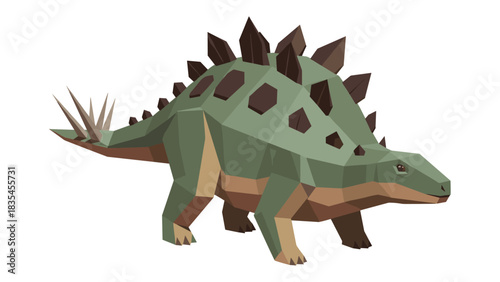 Geometric low poly stegosaurus with spikes in green and brown