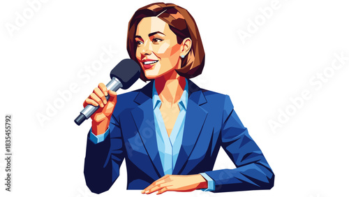 Polygonal style female news anchor with microphone in blue suit