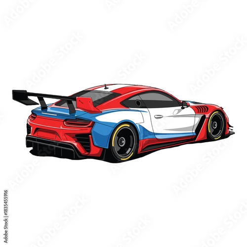 Rear view of a red, white and blue sports car with a large spoiler on a plain white background.