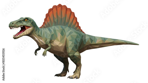 Geometric low poly spinosaurus with vibrant red sail and open jaws