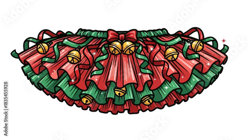 Festive christmas tutu skirt adorned with red and green ribbons golden jingle bells and a red bow perfect for holiday celebrations and festive occasions