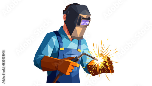 Geometric welder at work in protective gear with sparks flying