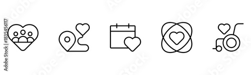 Heart, love, care, help, charity, and donation outline icons are set isolated on a white background in a flat vector illustration.