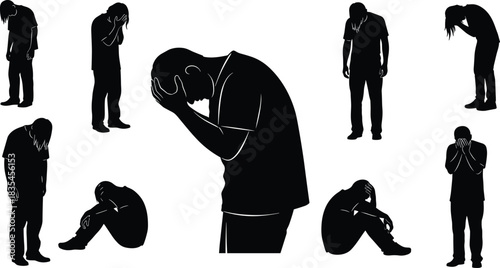 Vector Silhouette Set of People in Distress, Showing Depression, Sadness, Anxiety, Stress, and Mental Health Issues with Head in Hands Pose