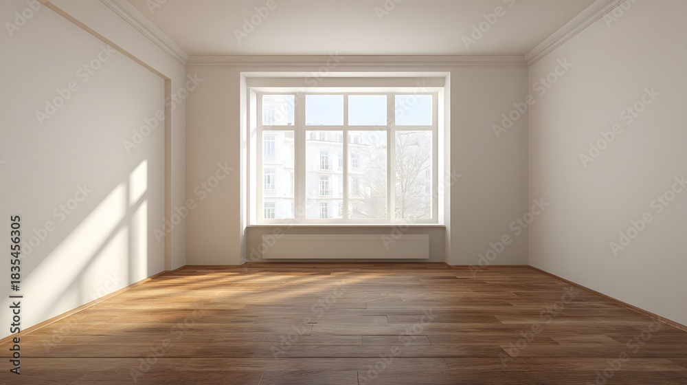 Obraz premium Bedroom 2026 minimal layout with warm wood floor and soft neutral wall, empty space for text, soft natural window light