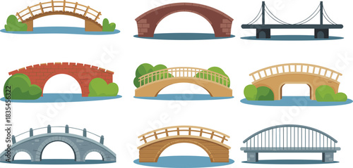 Bridge illustration set, cartoon vector collection of wood, stone, suspension styles, arched and flat designs, landscape clipart, isolated white background