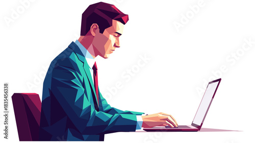 Geometric style professional man working on laptop in office setting