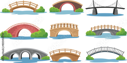 Bridge illustration set, cartoon vector collection of wood, stone, suspension styles, arched and flat designs, landscape clipart, isolated white background