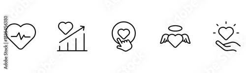 Heart, love, care, help, charity, and donation outline icons are set isolated on a white background in a flat vector illustration.