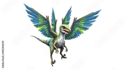 Polygonal dinosaur with vibrant wings in mid-flight