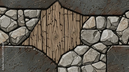 Stylized Stone, Wood & Metal Panel Texture perfect for Game asset, website background, digital art, graphic design, UI element, fantasy illustration, print