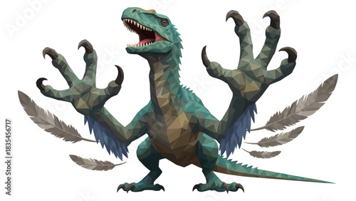 Polygonal feathered dinosaur on white background with open mouth and claws