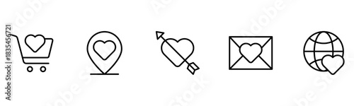 Heart, love, care, help, charity, and donation outline icons are set isolated on a white background in a flat vector illustration.