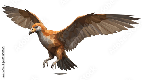 Low poly bird with outstretched wings on white background