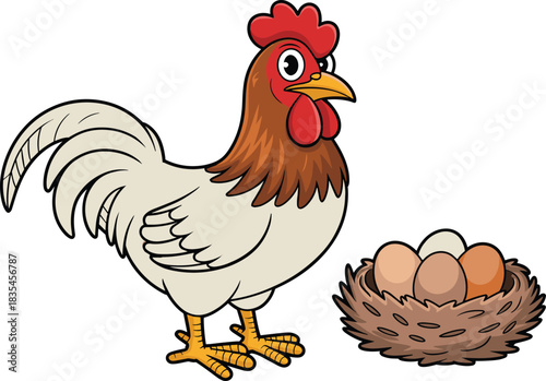 Cartoon chicken and nest illustration, farm animal with three eggs, colorful vector drawing, white background, agriculture and biology educational design