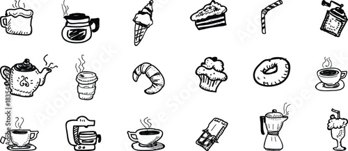 Vector Assorted hand drawn coffee shop and bakery items in black and white sketch style for menu or decoration