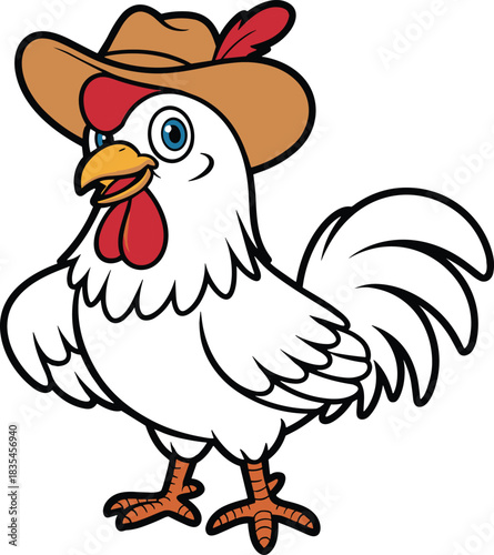 Cartoon chicken with cowboy hat and feather, funny farm animal character, western style mascot, vector clipart, isolated white background