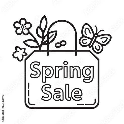 Spring sale shopping bag with flowers and butterfly illustration