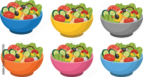 Cartoon salad bowl illustration set, colorful serving dishes with fresh vegetables, healthy food icons, vector collection, white background