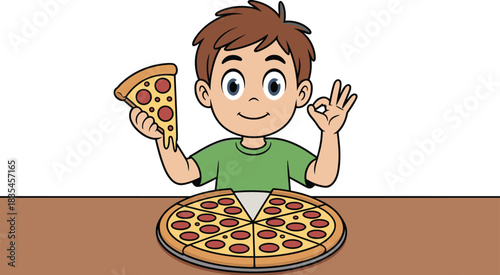 Cartoon child eating pizza, happy food illustration, pepperoni slice with cheese stretch, vector graphic, culinary design element, snack clipart
