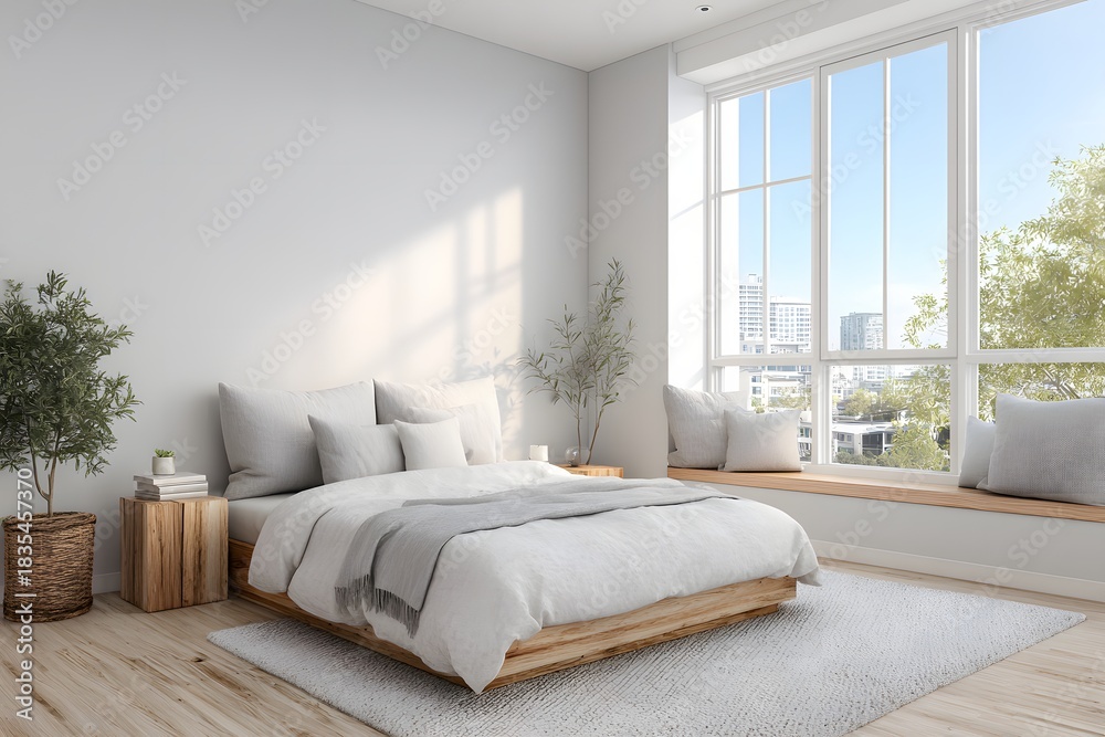 Fototapeta premium Bright minimal bedroom 2026 interior with open layout