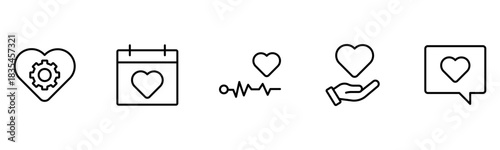 Heart, love, care, help, charity, and donation outline icons are set isolated on a white background in a flat vector illustration.