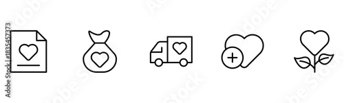 Heart, love, care, help, charity, and donation outline icons are set isolated on a white background in a flat vector illustration.