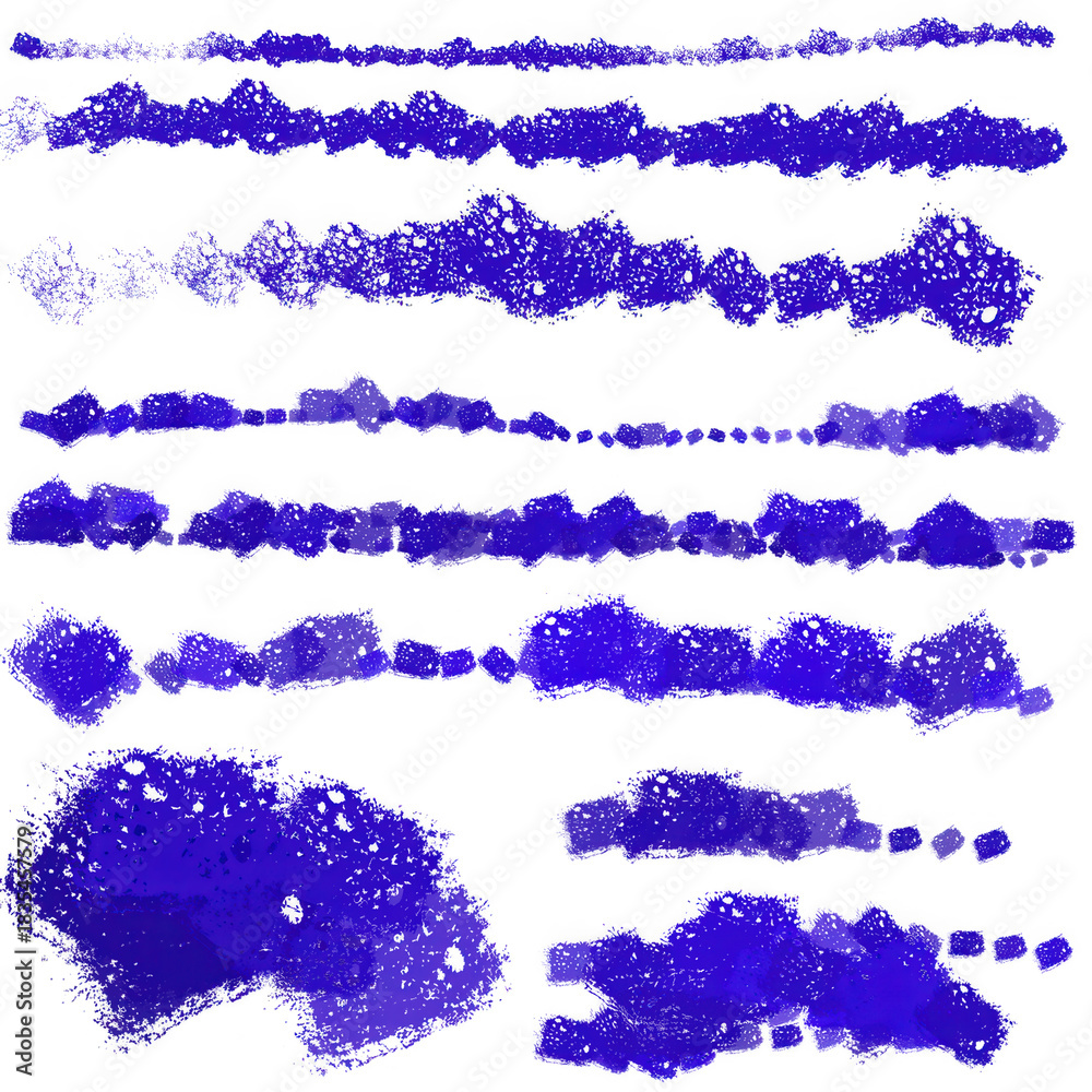 Fototapeta premium Collection of blue grunge brush strokes with rough textures and abstract shapes on black background
