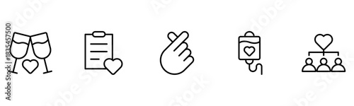 Heart, love, care, help, charity, and donation outline icons are set isolated on a white background in a flat vector illustration.