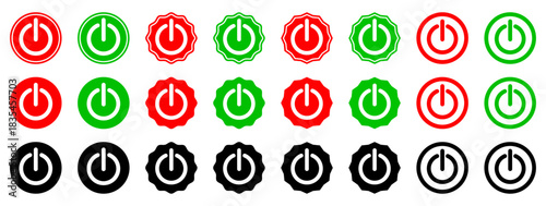 Clean power button symbol set in red, green and black, ideal for user interface design, control systems, energy switch panels and technology dashboards. Includes multiple circular on/off variations.