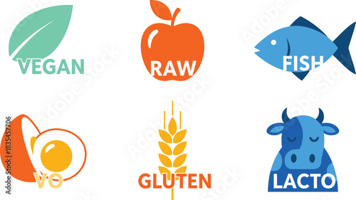 Simple Vector Icons Representing Dietary and Food Lifestyle Labels, Including Vegan, Raw Food, Fish, Egg, Gluten-Free, and Lactose-Free Categories for Healthy Nutrition and Menus