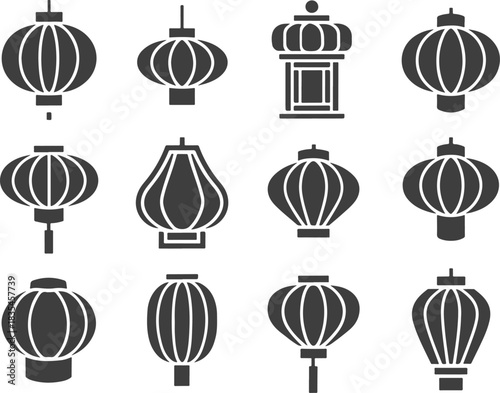 Ornate Lantern Silhouette Vector Collection Featuring Vintage Lamp Icons, Ramadan Lantern Vector, Chinese Lantern Vector, Paper Lantern Vector, Decorative Black Lantern Designs for Holiday and Festive