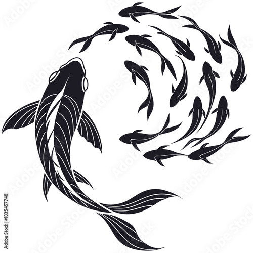 Elegant black goldfish school silhouette vector illustration isolated on white background