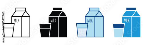 Milk carton with a glass of milk Icon set, isolated on white background. Vector illustration.