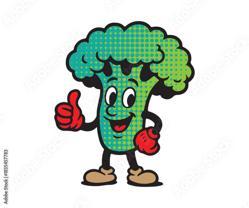 Fun, friendly cartoon broccoli character giving a thumbs up for healthy eating and fresh produce marketing, perfect for kids food and nutrition campaigns