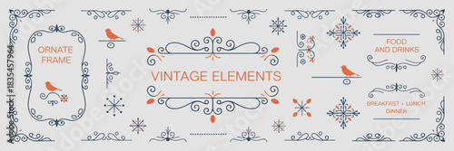Ornate Vintage Frames and Scroll Elements with Classic Calligraphy and Floral Motifs