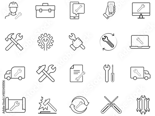 Clean repair and maintenance line icon set featuring tools, service symbols, support elements, settings and update icons. Ideal for technical, industrial, mechanic and equipment-related use.