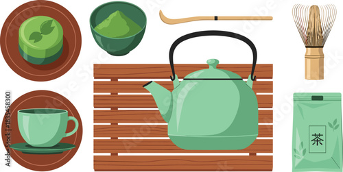 Traditional Japanese matcha tea ceremony items including teapot, whisk, scoop, powder, and dessert for cultural and culinary themes.