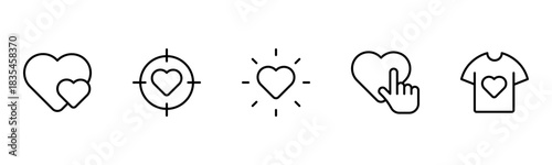 Heart, love, care, help, charity, and donation outline icons are set isolated on a white background in a flat vector illustration.