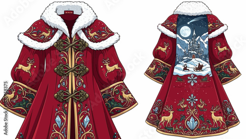 Ornate red winter coat with white fur trim and intricate golden reindeer and snowflake embroidery featuring a magical winter castle scene on the back