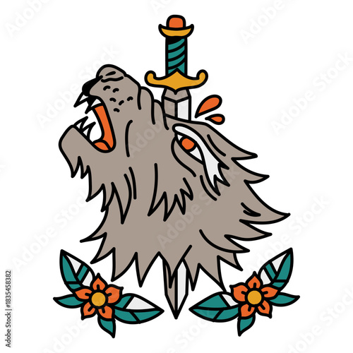 Werewolf and dagger tattoo style